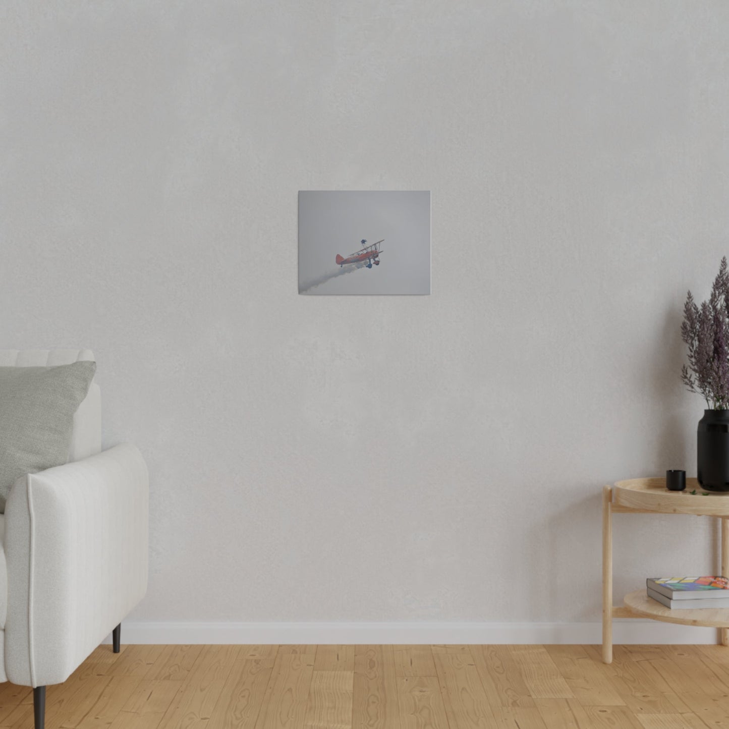 Single Wing Walker Flying From The Left With Side View Ascending, With Smoke And Person Laying Sideways Close Up, Matte Canvas, Stretched, 0.75" - The Trio Synergize Group