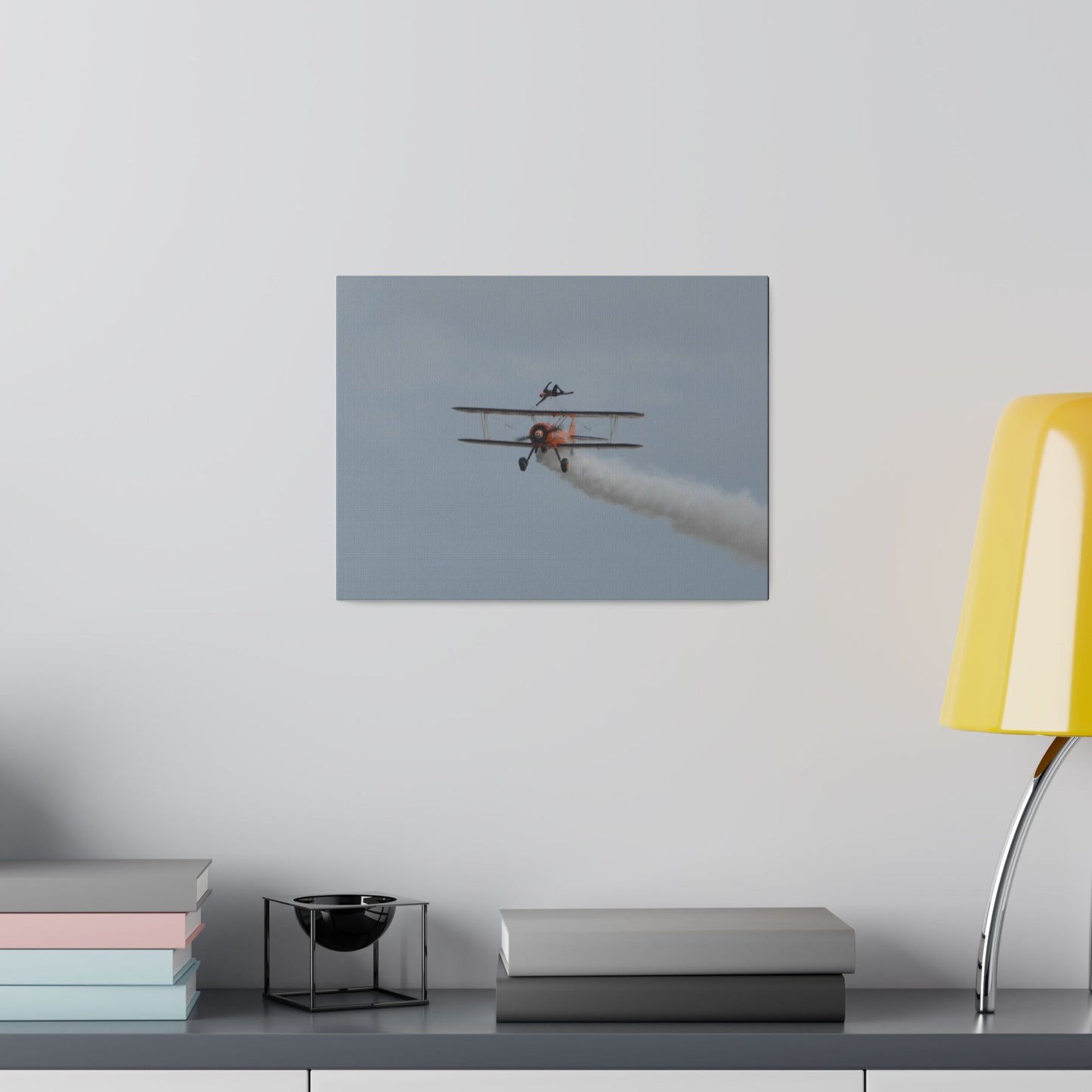 Single Wing Walker Flying Straight Forward With Smoke, With The Person Laying Sideways, Matte Canvas, Stretched, 0.75" - The Trio Synergize Group