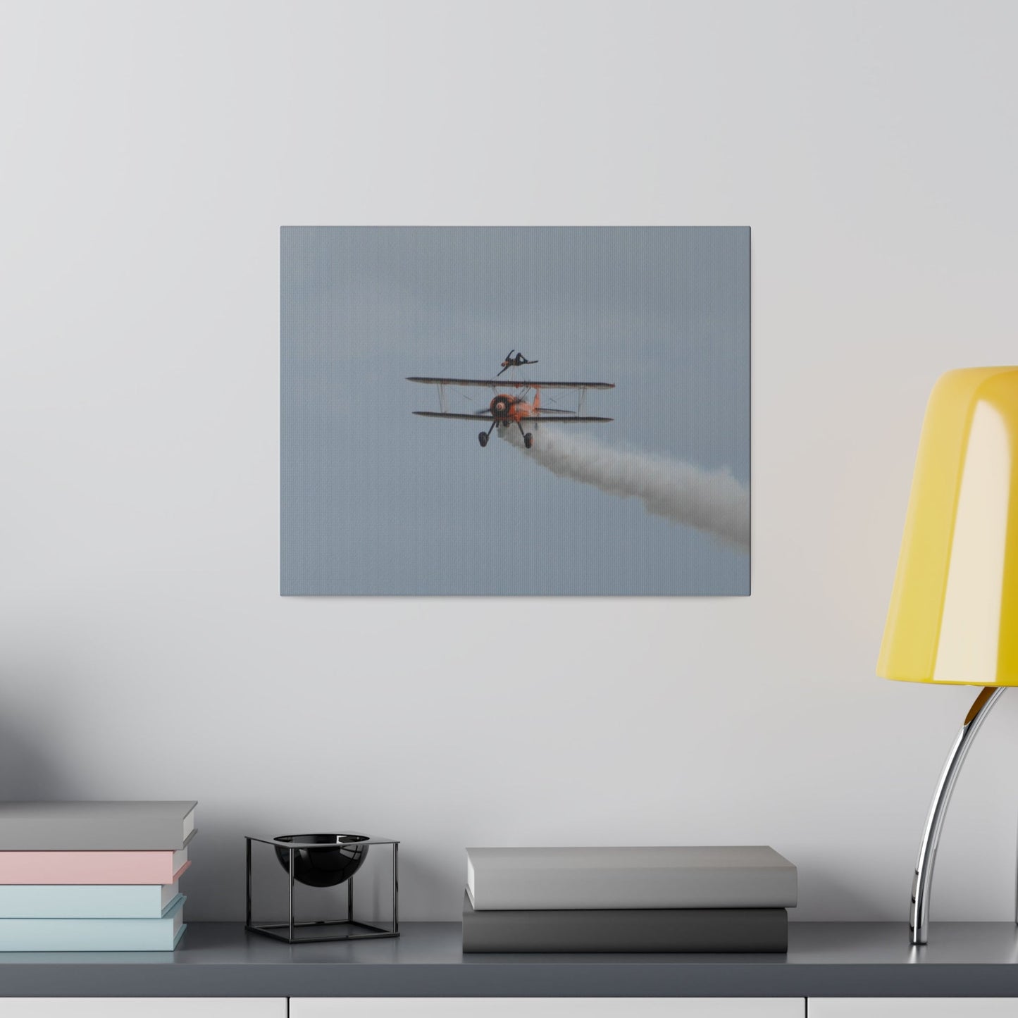 Single Wing Walker Flying Straight Forward With Smoke, With The Person Laying Sideways, Matte Canvas, Stretched, 0.75" - The Trio Synergize Group