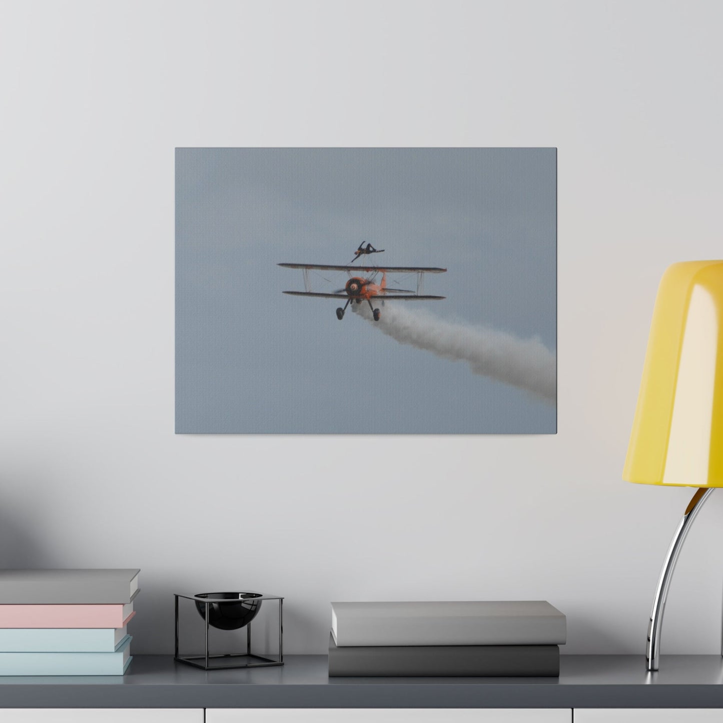 Single Wing Walker Flying Straight Forward With Smoke, With The Person Laying Sideways, Matte Canvas, Stretched, 0.75" - The Trio Synergize Group