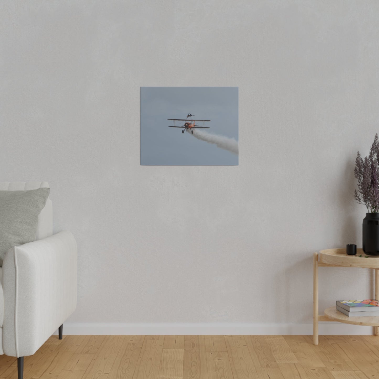 Single Wing Walker Flying Straight Forward With Smoke, With The Person Laying Sideways, Matte Canvas, Stretched, 0.75" - The Trio Synergize Group