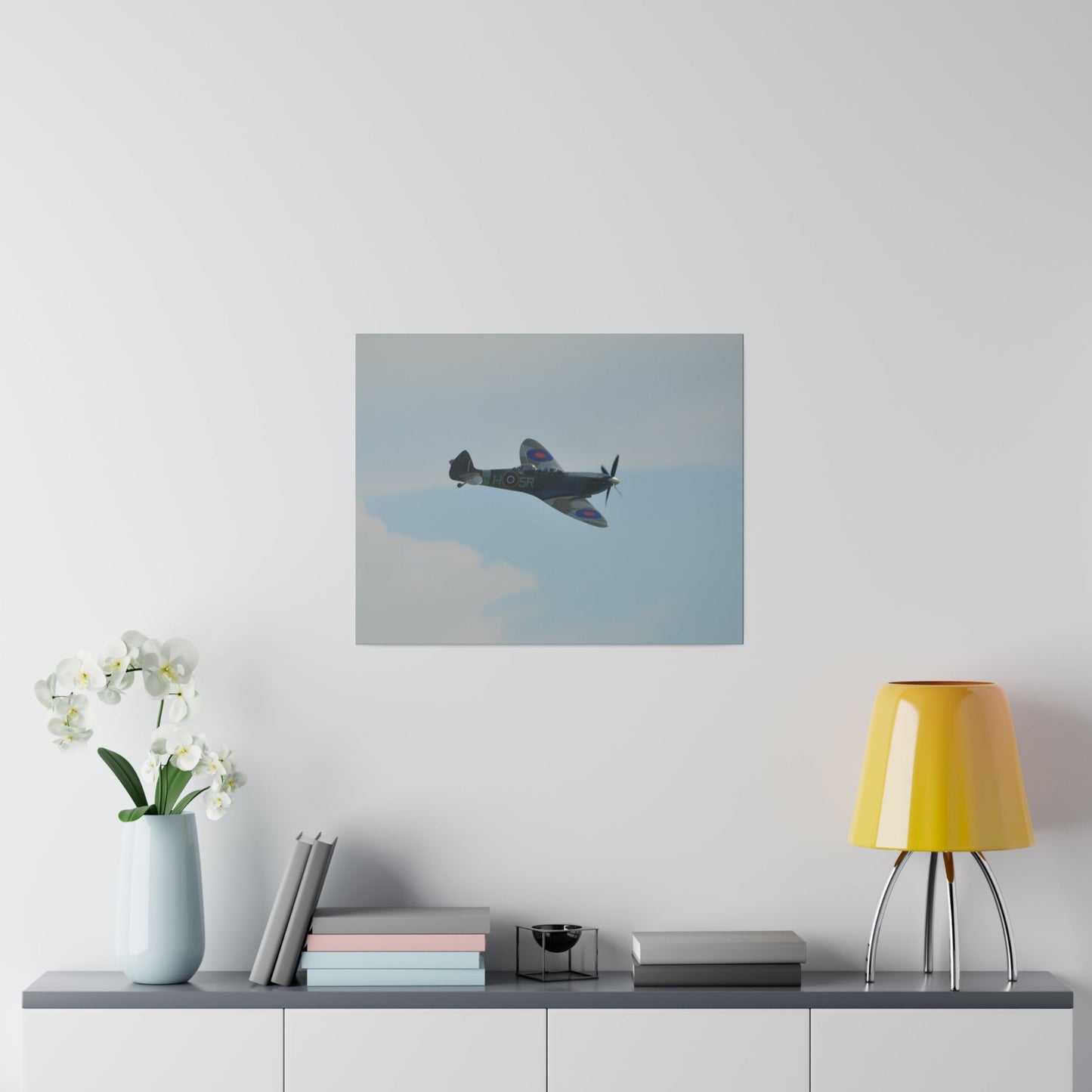 Supermarine Spitfire Two - Seater Flying From The Left With A Slight Angle Close Up, Matte Canvas, Stretched, 0.75" - The Trio Synergize Group