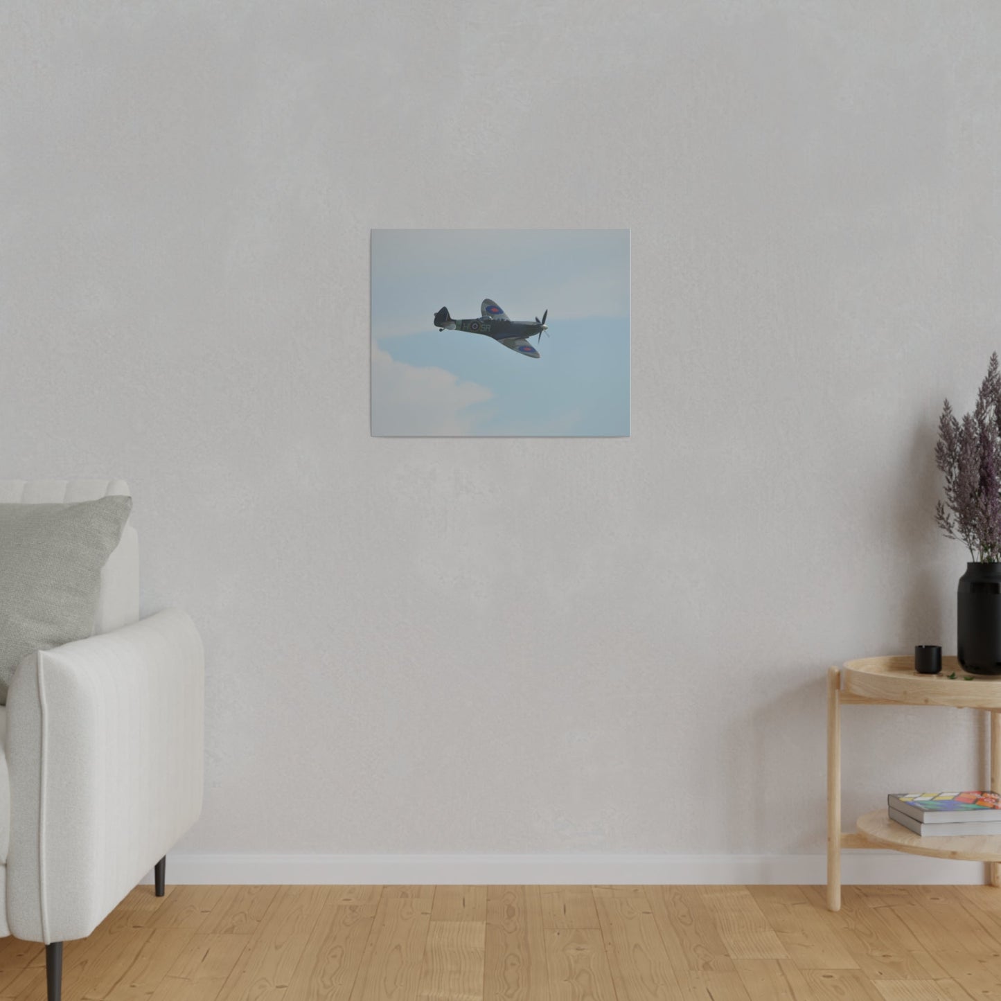 Supermarine Spitfire Two - Seater Flying From The Left With A Slight Angle Close Up, Matte Canvas, Stretched, 0.75" - The Trio Synergize Group