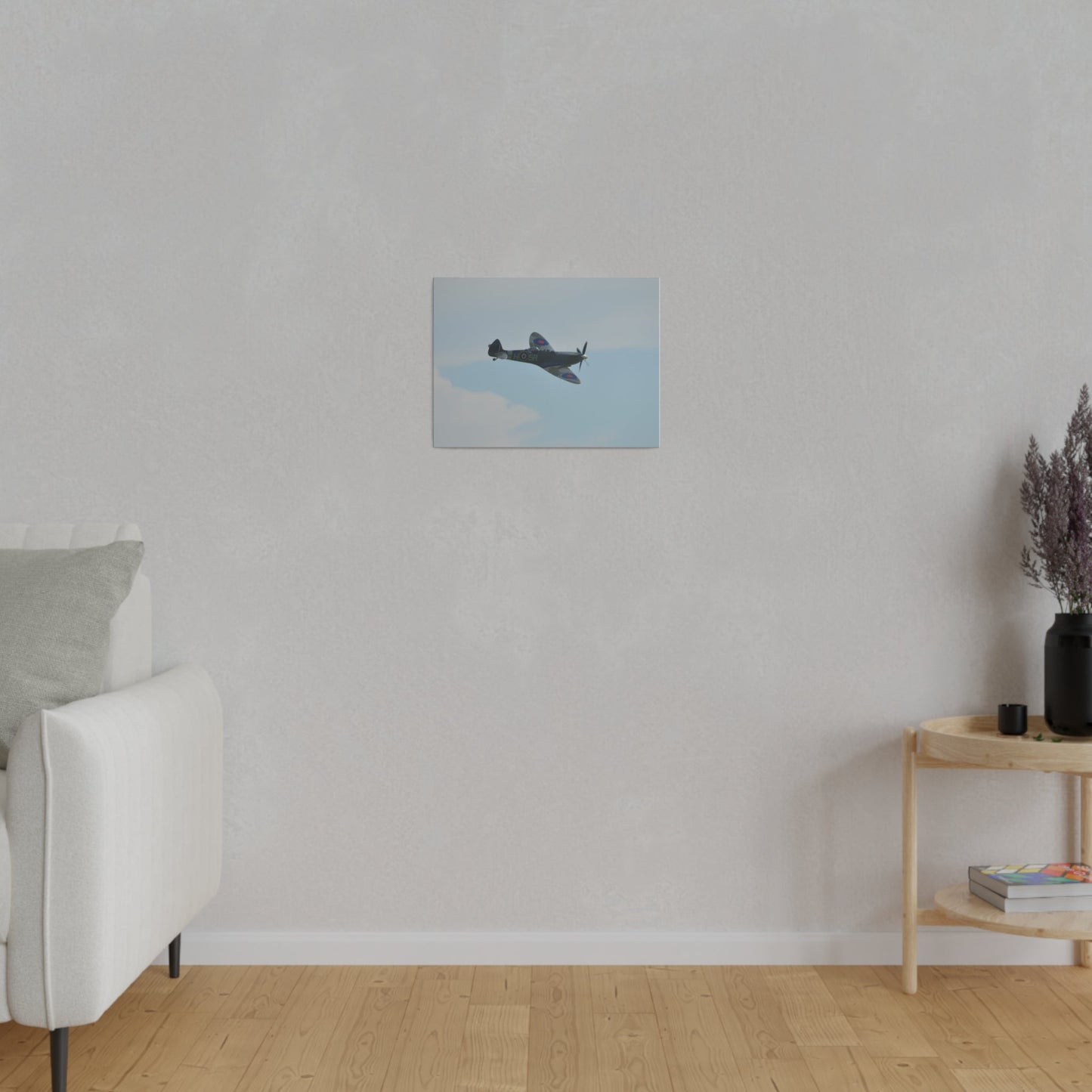 Supermarine Spitfire Two - Seater Flying From The Left With A Slight Angle Close Up, Matte Canvas, Stretched, 0.75" - The Trio Synergize Group
