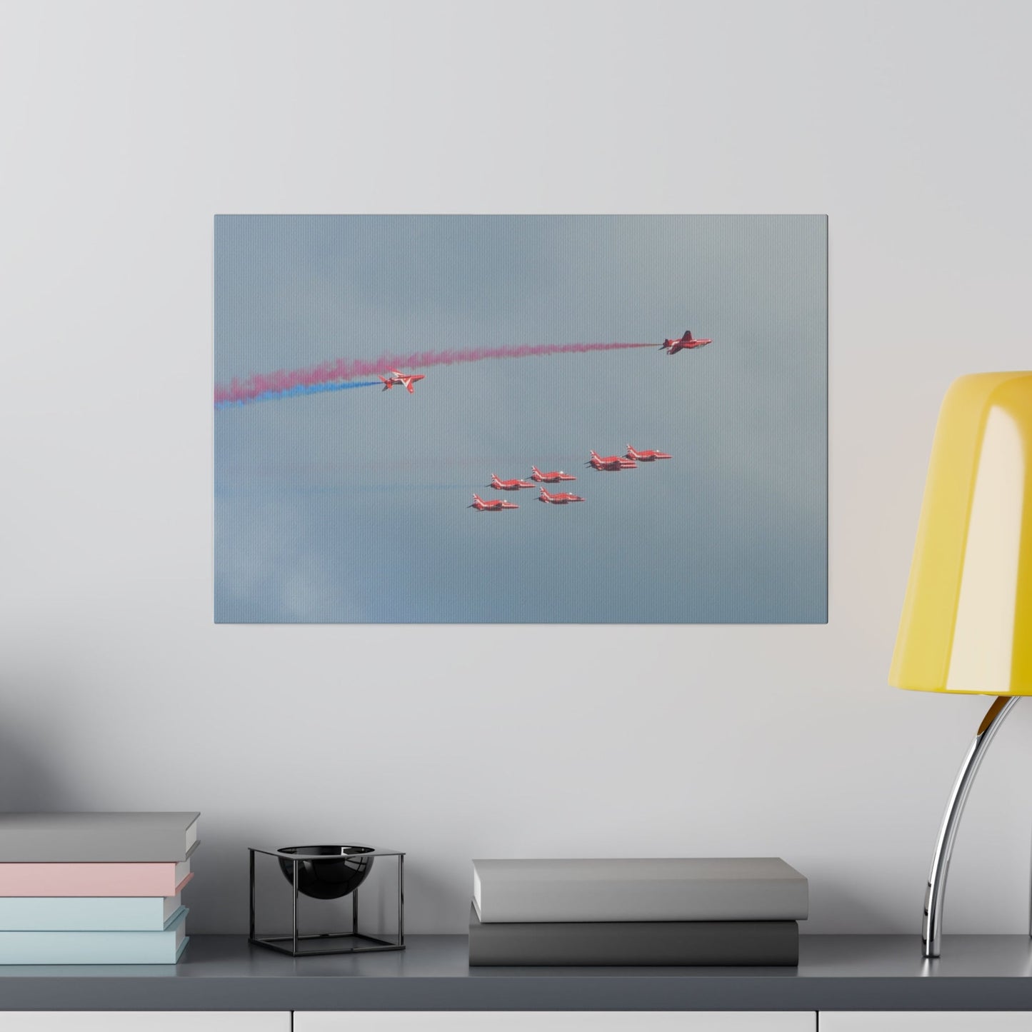 The Red Arrows In Formation With Two Looping Around Canvas - The Trio Synergize Group