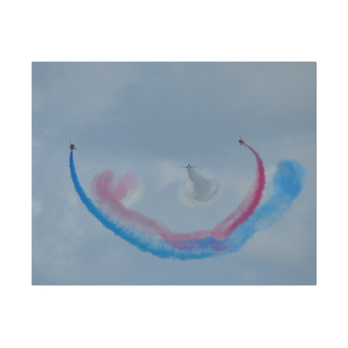 Three Red Arrows Flying Straight Forward One In The Middle With White Smoked, The Other Two Looping Around With Blue And Red Smoke, Matte Canvas, Stretched, 0.75" - The Trio Synergize Group
