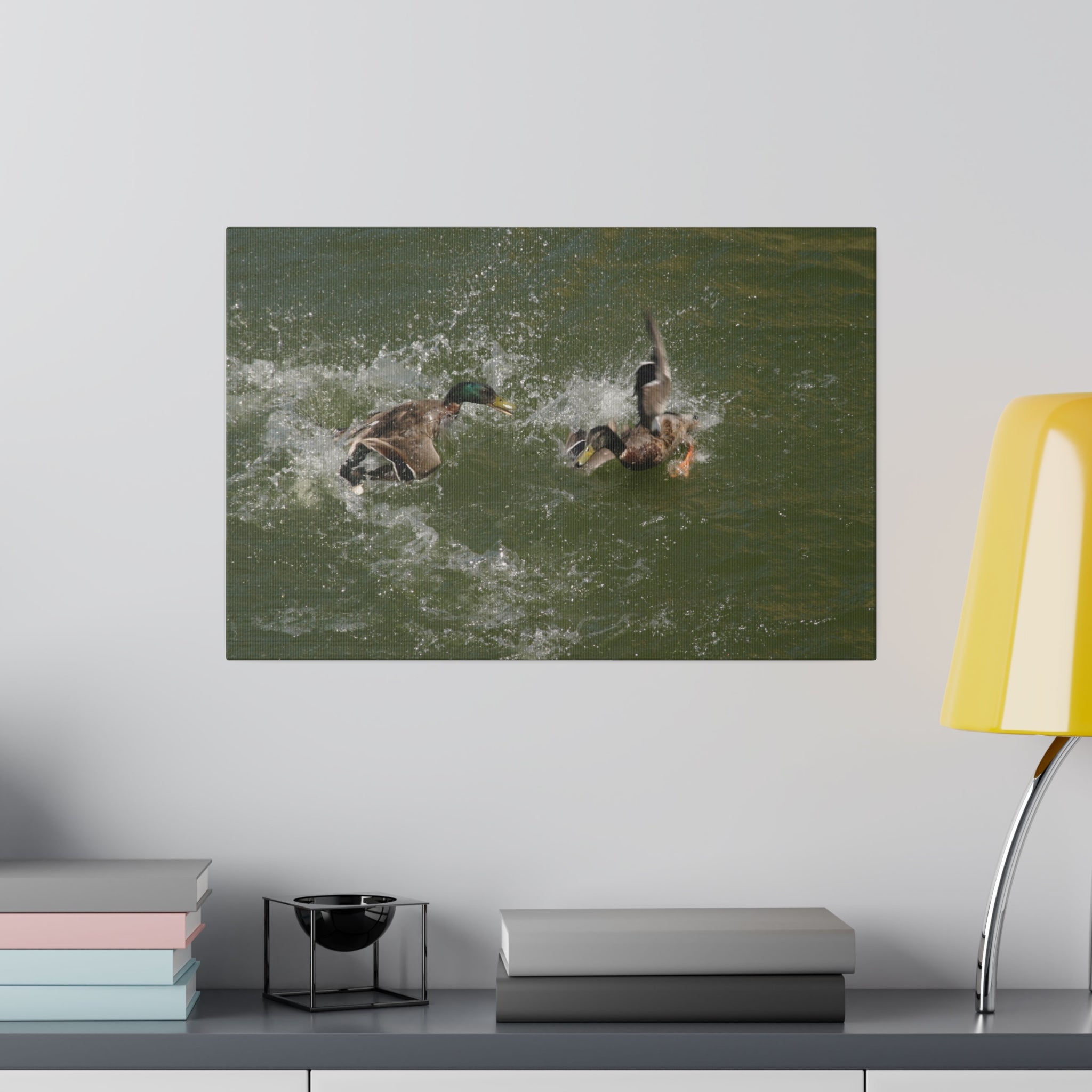 Two Male Ducks Fighting In Water And Splashing Canvas - The Trio Synergize Group