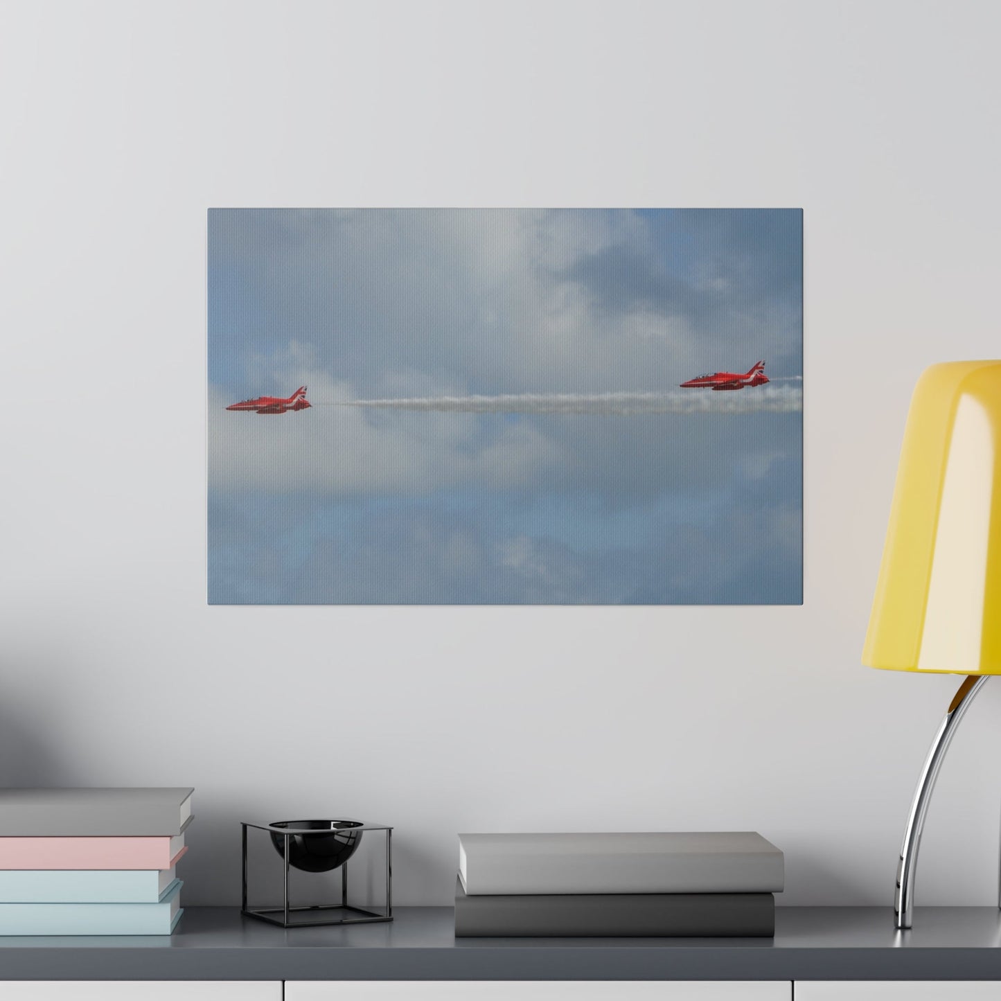 Red Arrows Chasing Each Other With White Smoke Canvas - The Trio Synergize Group