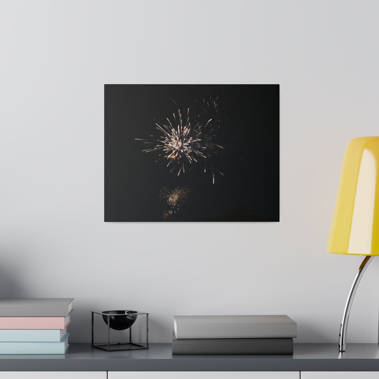 White Firework With Orange Glitter, Matte Canvas, Stretched, 0.75" - The Trio Synergize Group