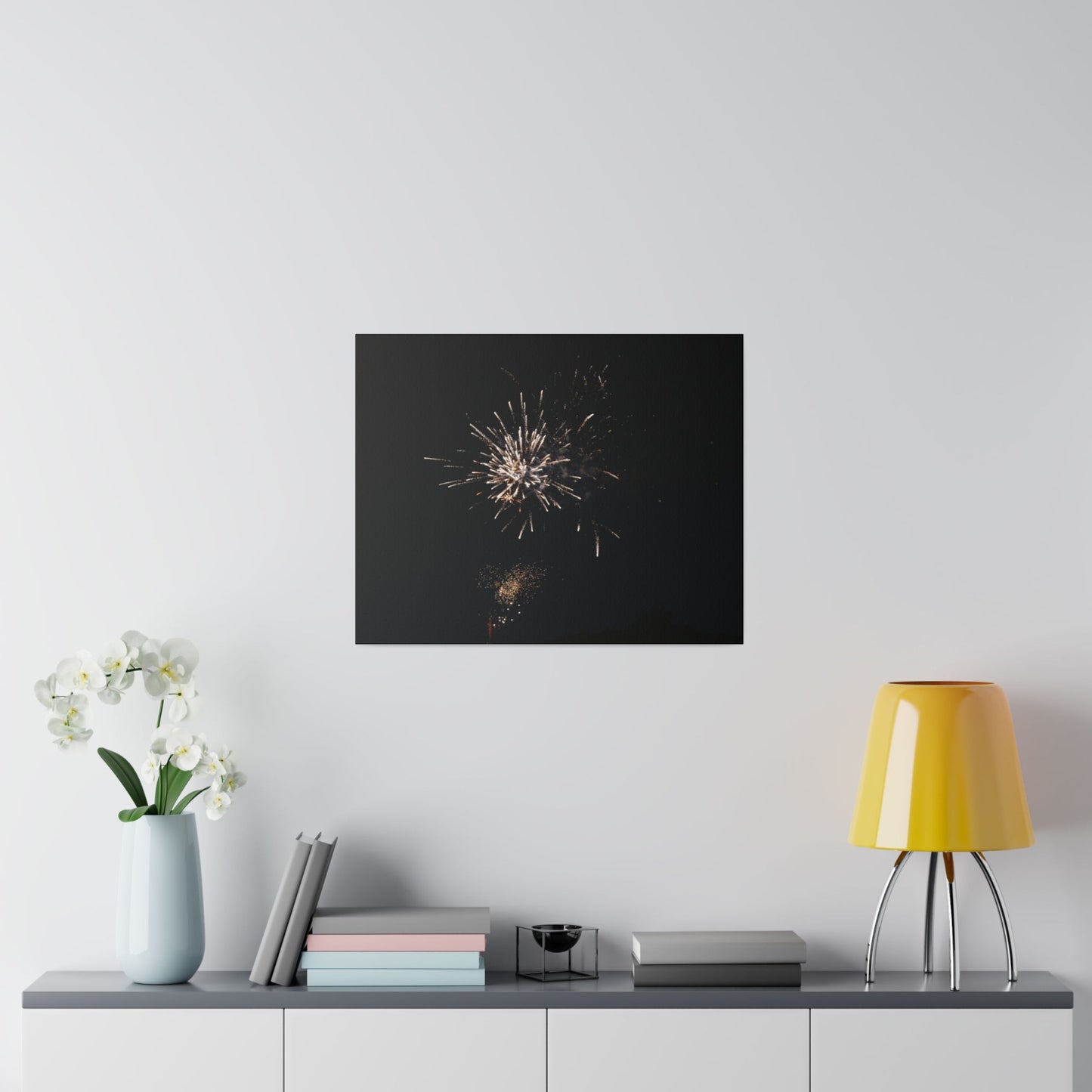 White Firework With Orange Glitter, Matte Canvas, Stretched, 0.75" - The Trio Synergize Group