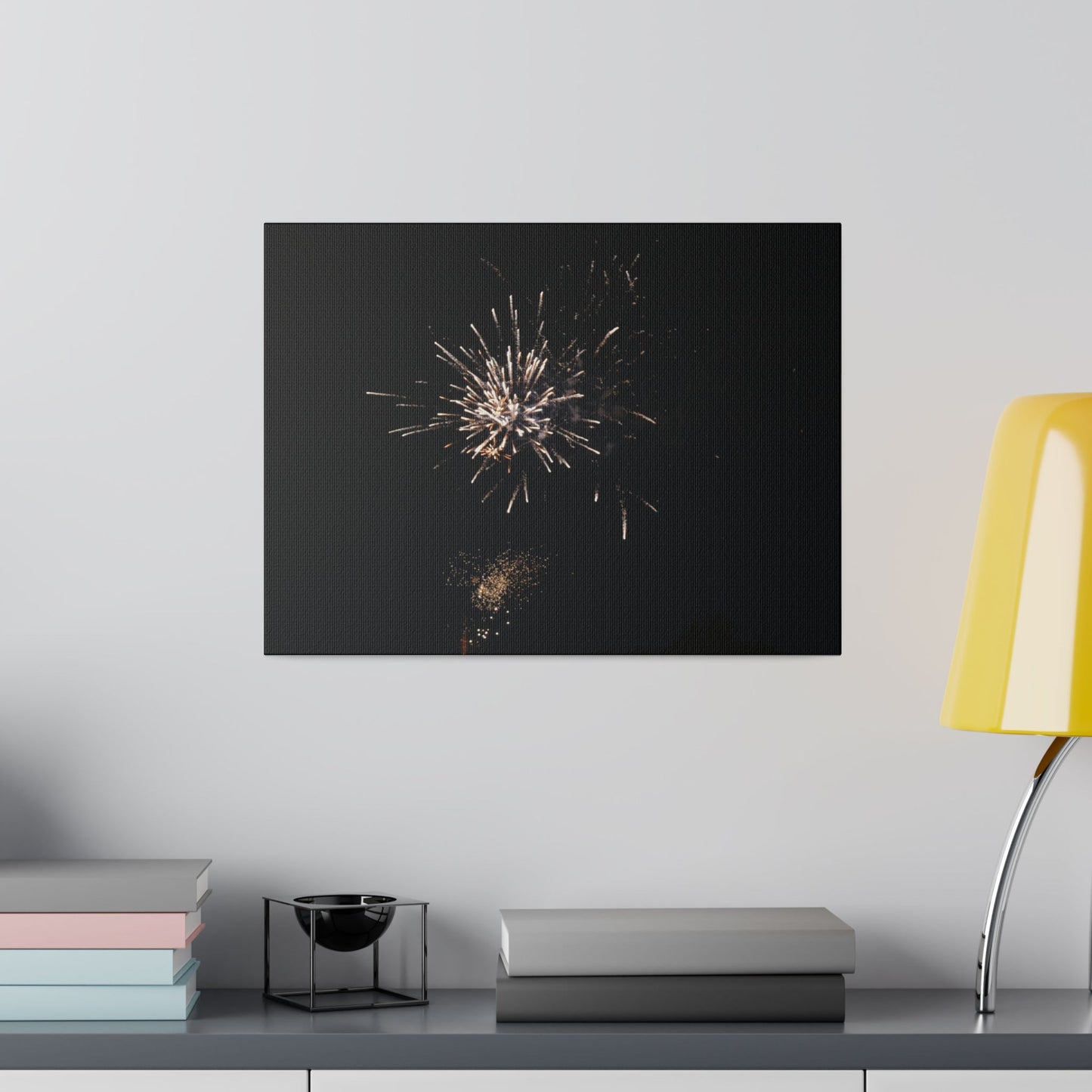 White Firework With Orange Glitter, Matte Canvas, Stretched, 0.75" - The Trio Synergize Group
