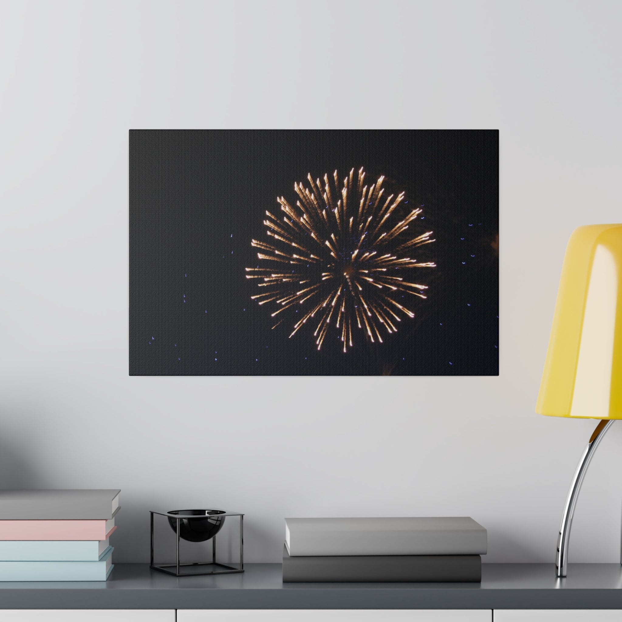 White Exploding Firework, Orange Trail, Purple Dots Canvas - The Trio Synergize Group