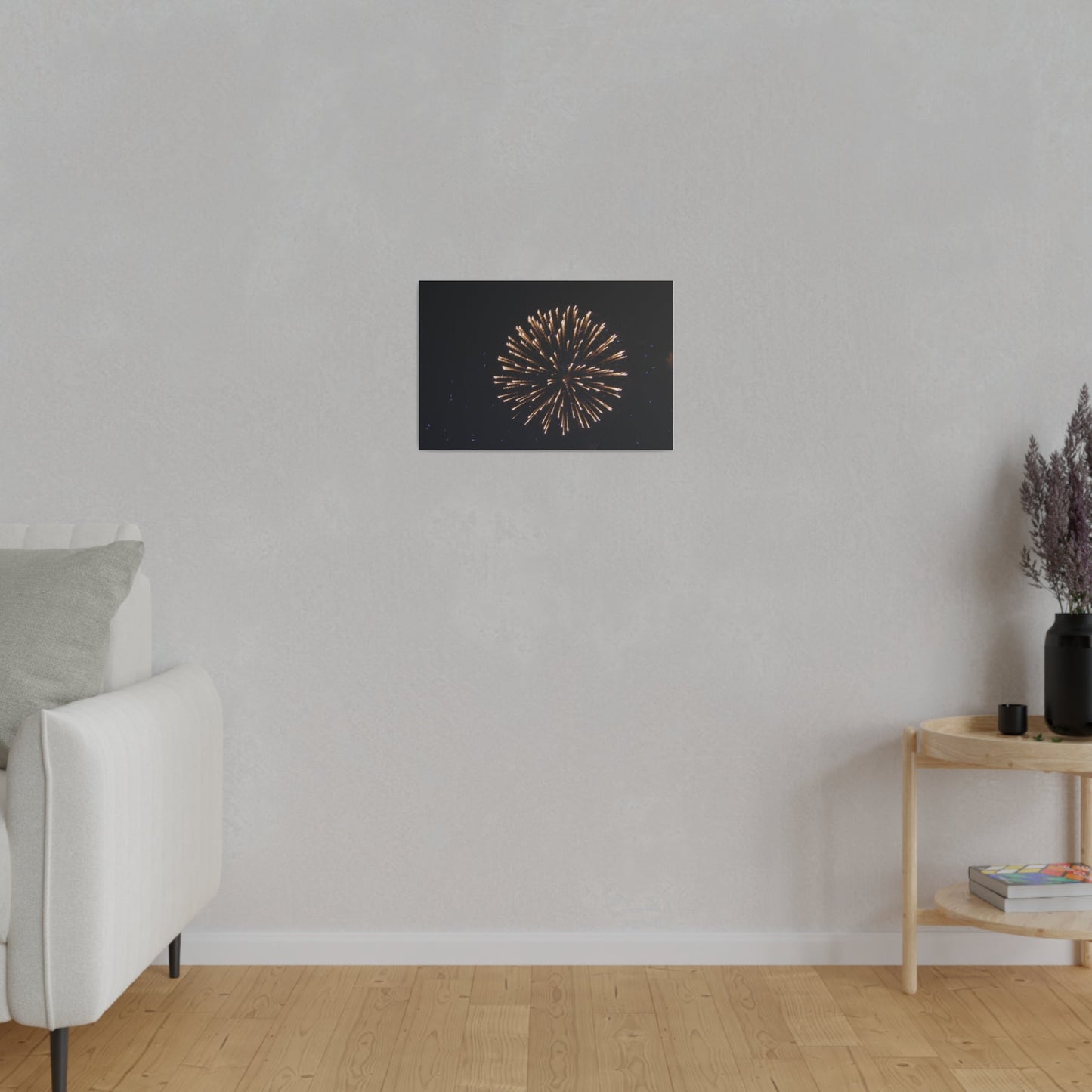 White Firework With Orange Trails And Purple Dots, Matte Canvas, Stretched, 0.75" - The Trio Synergize Group