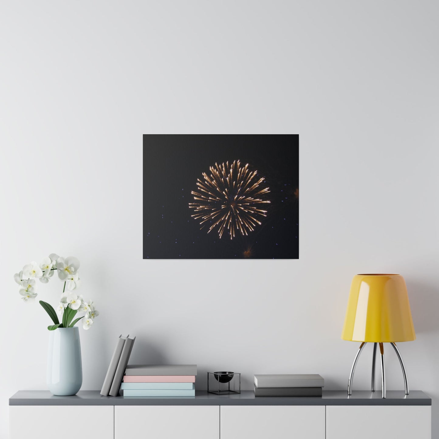 White Firework With Orange Trails And Purple Dots, Matte Canvas, Stretched, 0.75" - The Trio Synergize Group