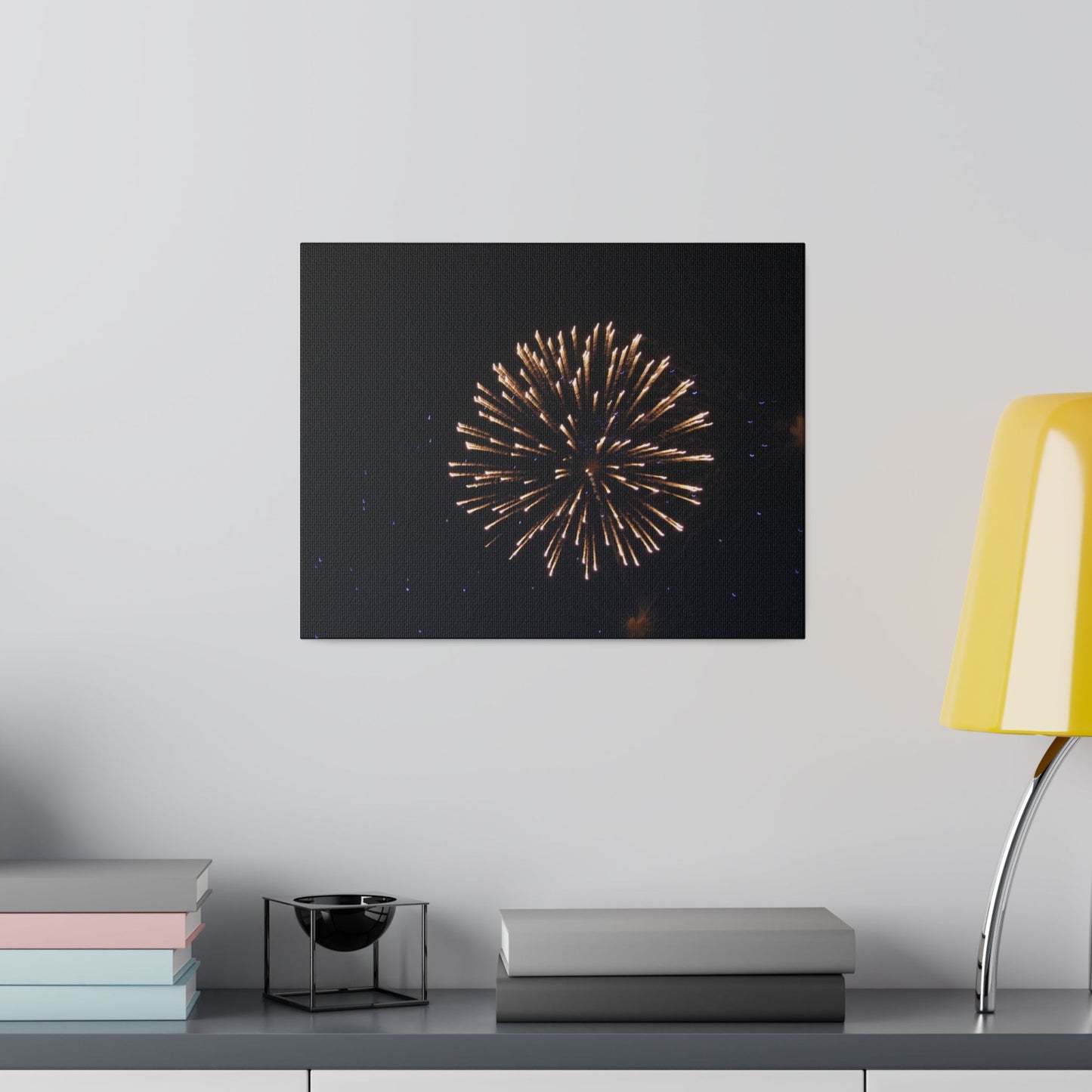 White Firework With Orange Trails And Purple Dots, Matte Canvas, Stretched, 0.75" - The Trio Synergize Group