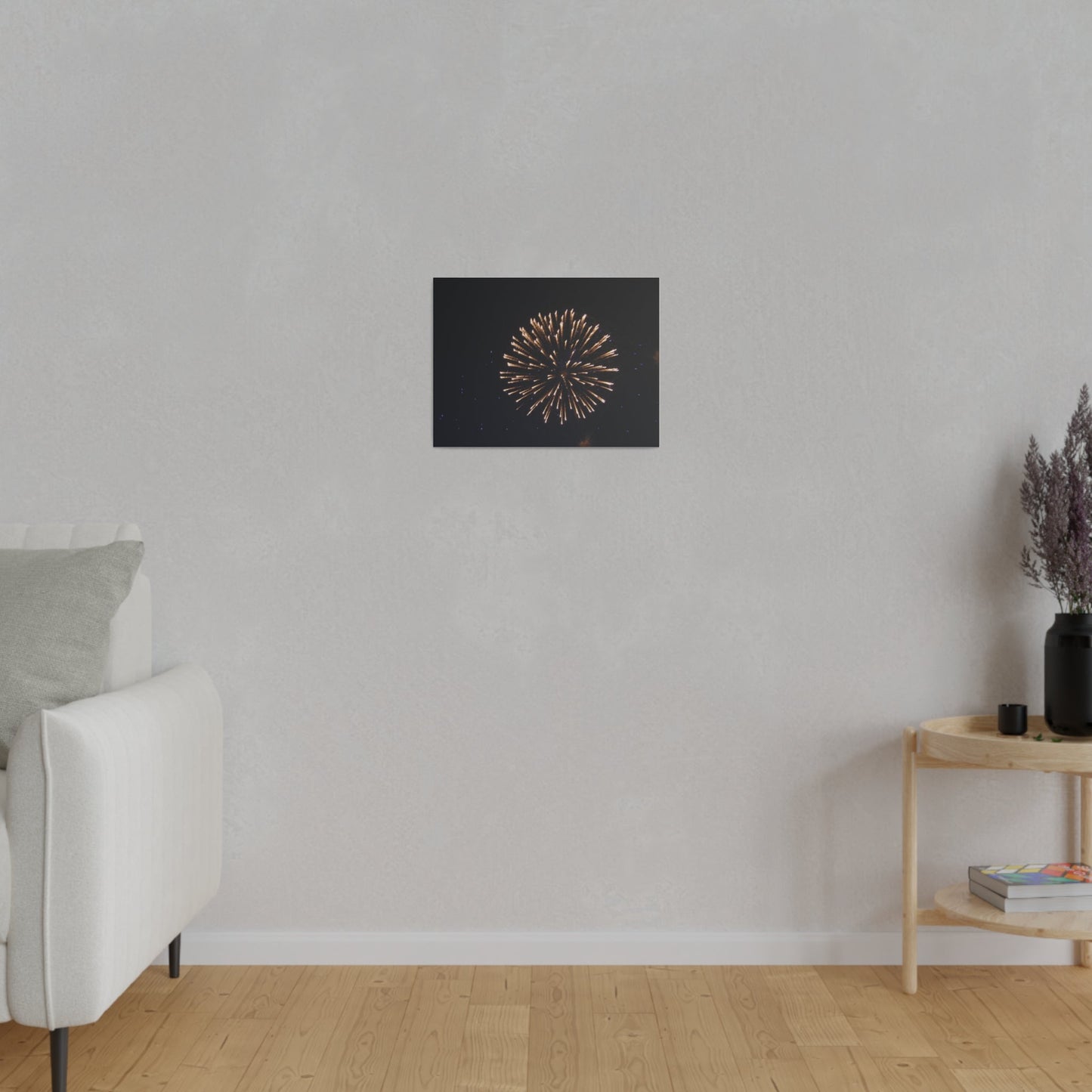 White Firework With Orange Trails And Purple Dots, Matte Canvas, Stretched, 0.75" - The Trio Synergize Group