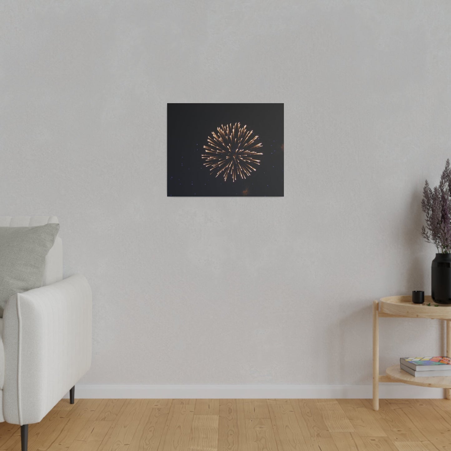 White Firework With Orange Trails And Purple Dots, Matte Canvas, Stretched, 0.75" - The Trio Synergize Group