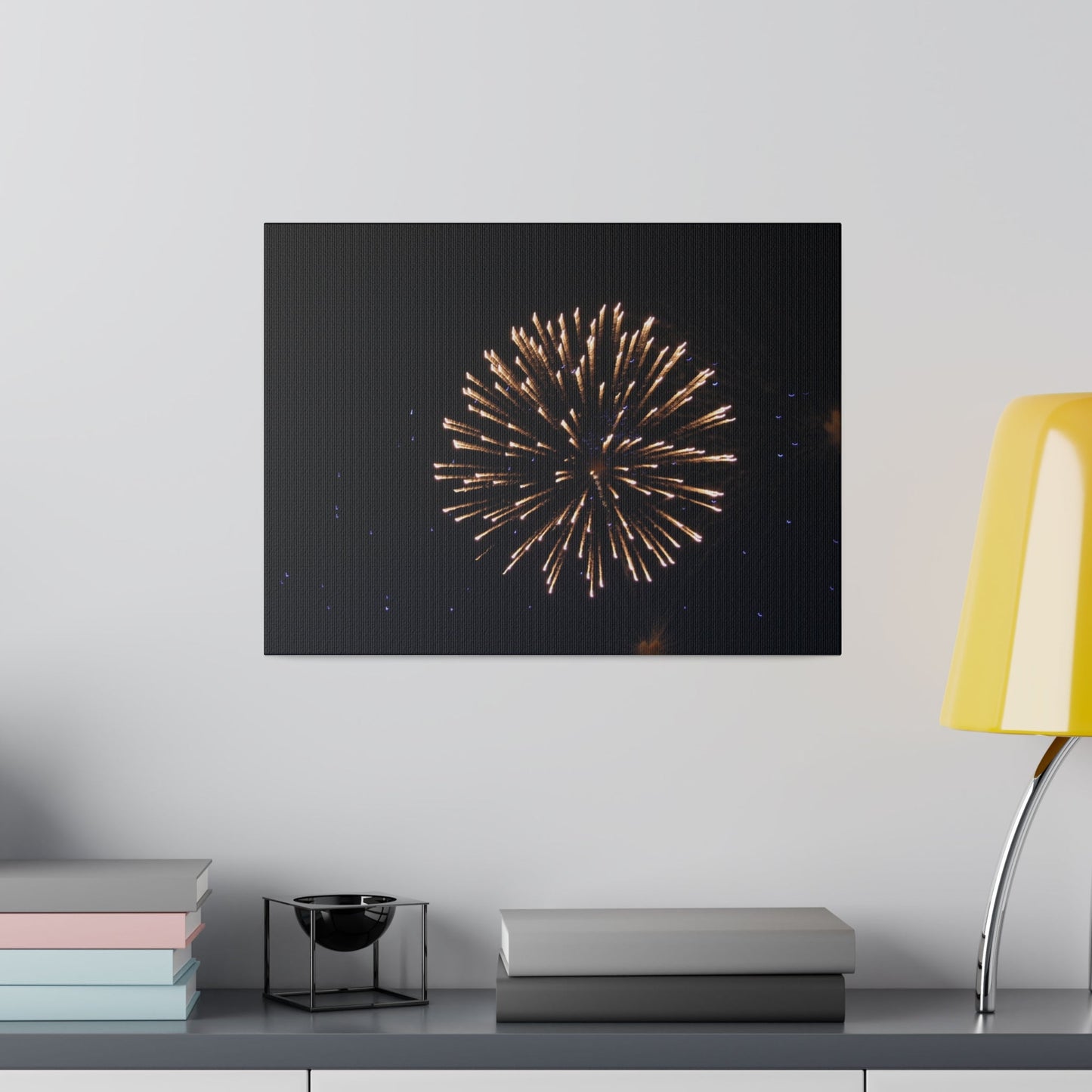 White Firework With Orange Trails And Purple Dots, Matte Canvas, Stretched, 0.75" - The Trio Synergize Group