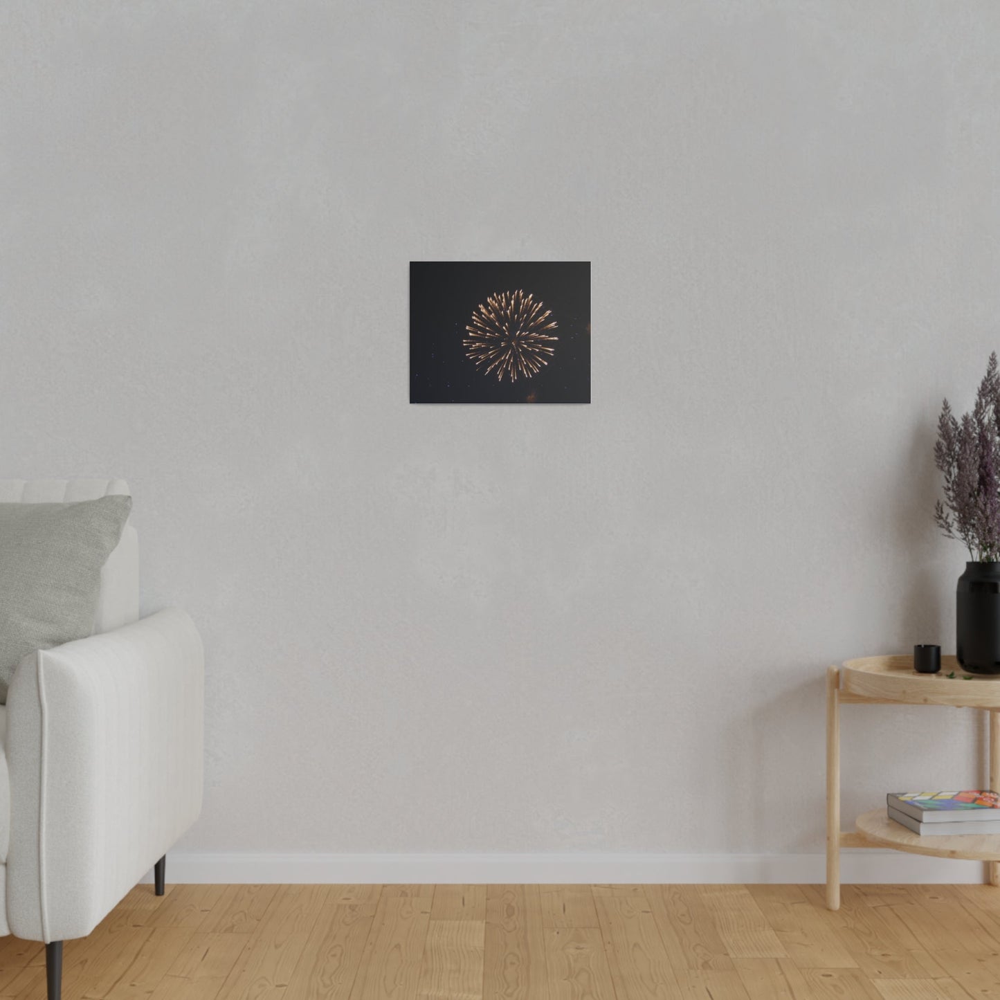White Firework With Orange Trails And Purple Dots, Matte Canvas, Stretched, 0.75" - The Trio Synergize Group