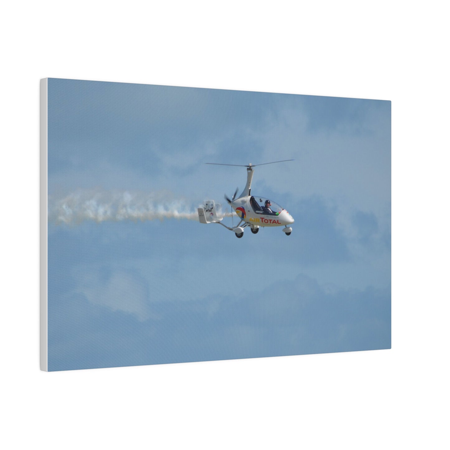 AutoGyro Flying From The Left With Smoke, Pilot Looking Over Canvas