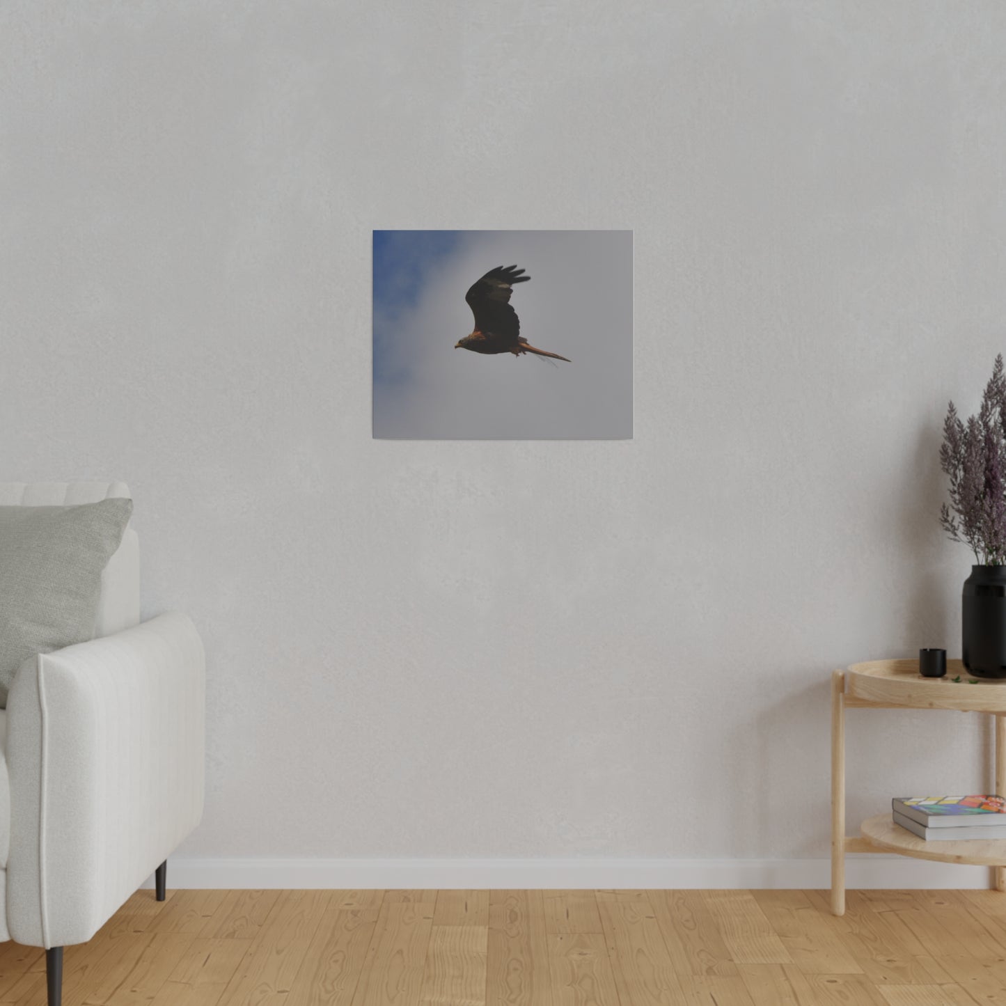Hawk Flying With A Chick In It's Claws Cloud & Blue Sky Background Canvas