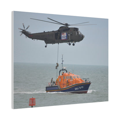 Sea King Helicopter Roping Down Crew Onto The RNLI Lifeboat Canvas
