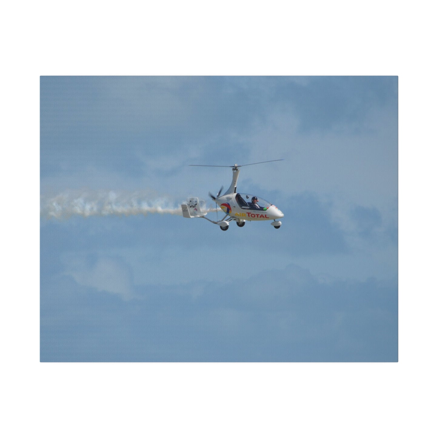 AutoGyro Flying From The Left With Smoke, Pilot Looking Over Canvas