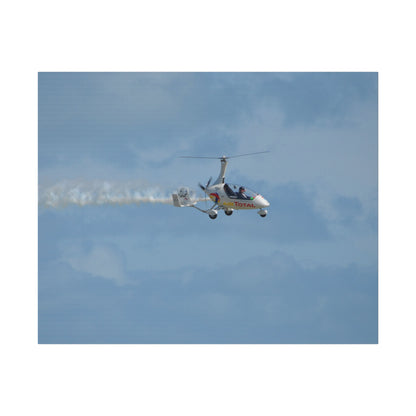 AutoGyro Flying From The Left With Smoke, Pilot Looking Over Canvas