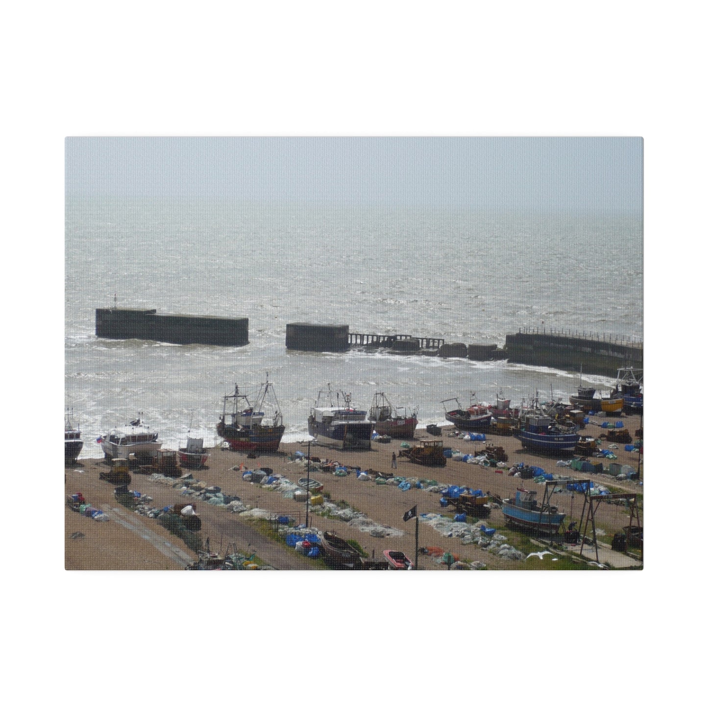Hastings Fishing Boats On The Beach And Harbour Arm Canvas
