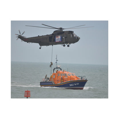 Sea King Helicopter Roping Down Crew Onto The RNLI Lifeboat Canvas
