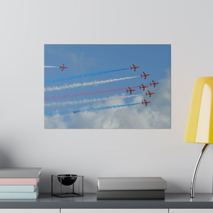 The Red Arrows Flying From The Left With White, Blue And Red Smoke In Formation And Two Looping Around With White Smoke Canvas