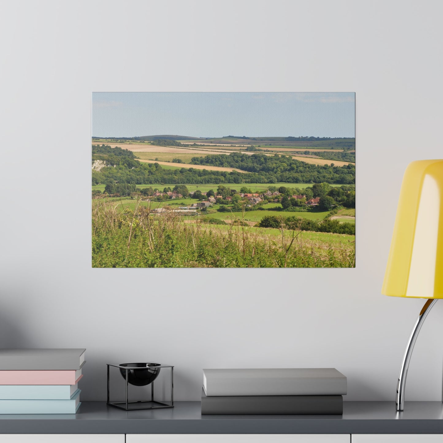 Countryside Landscape View Of The Valley, Hills & Buildings Canvas