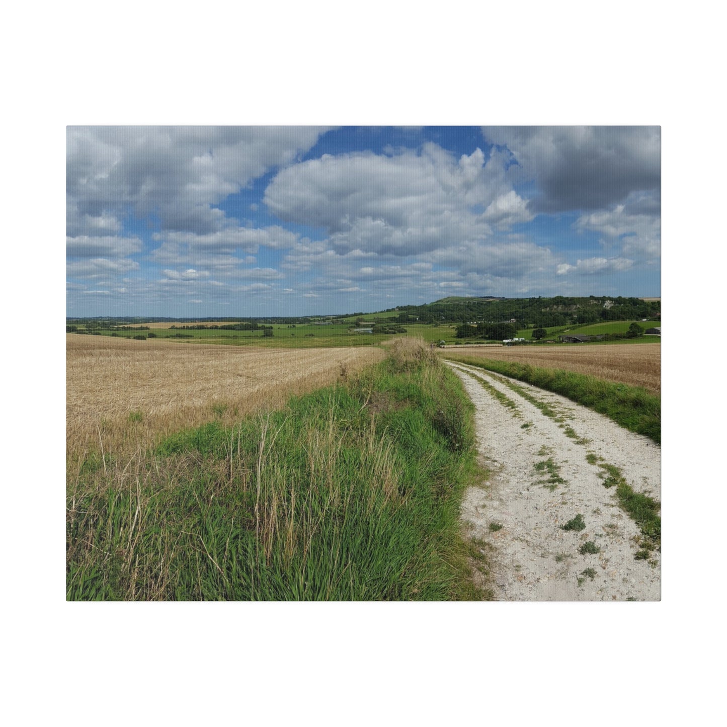 Countryside Field Landscape With Hill In The Background and Fluffy Clouds Canvas