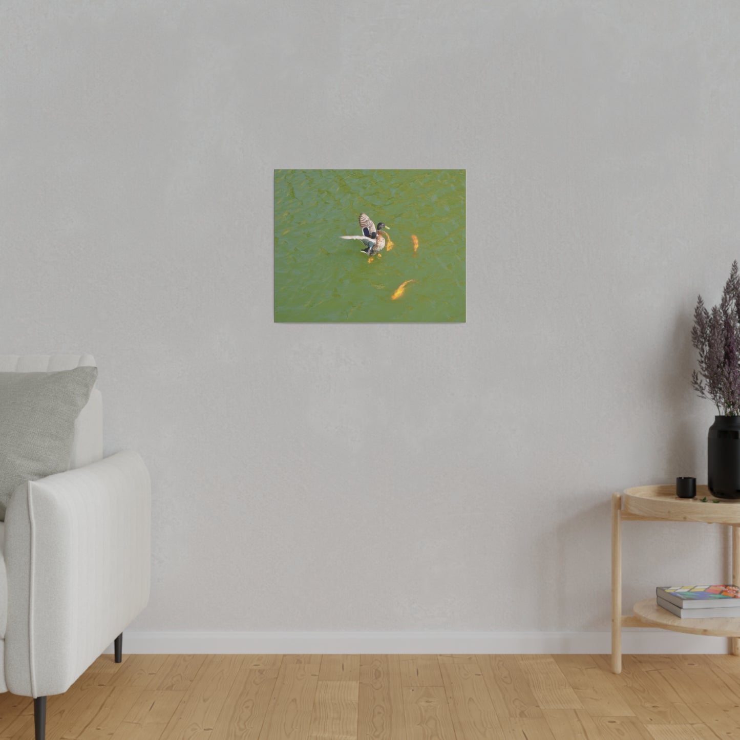 Male Duck Flapping It's Wings And Fish Canvas - The Trio Synergize Group