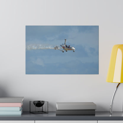 AutoGyro Flying From The Left With Smoke, Pilot Looking Over Canvas