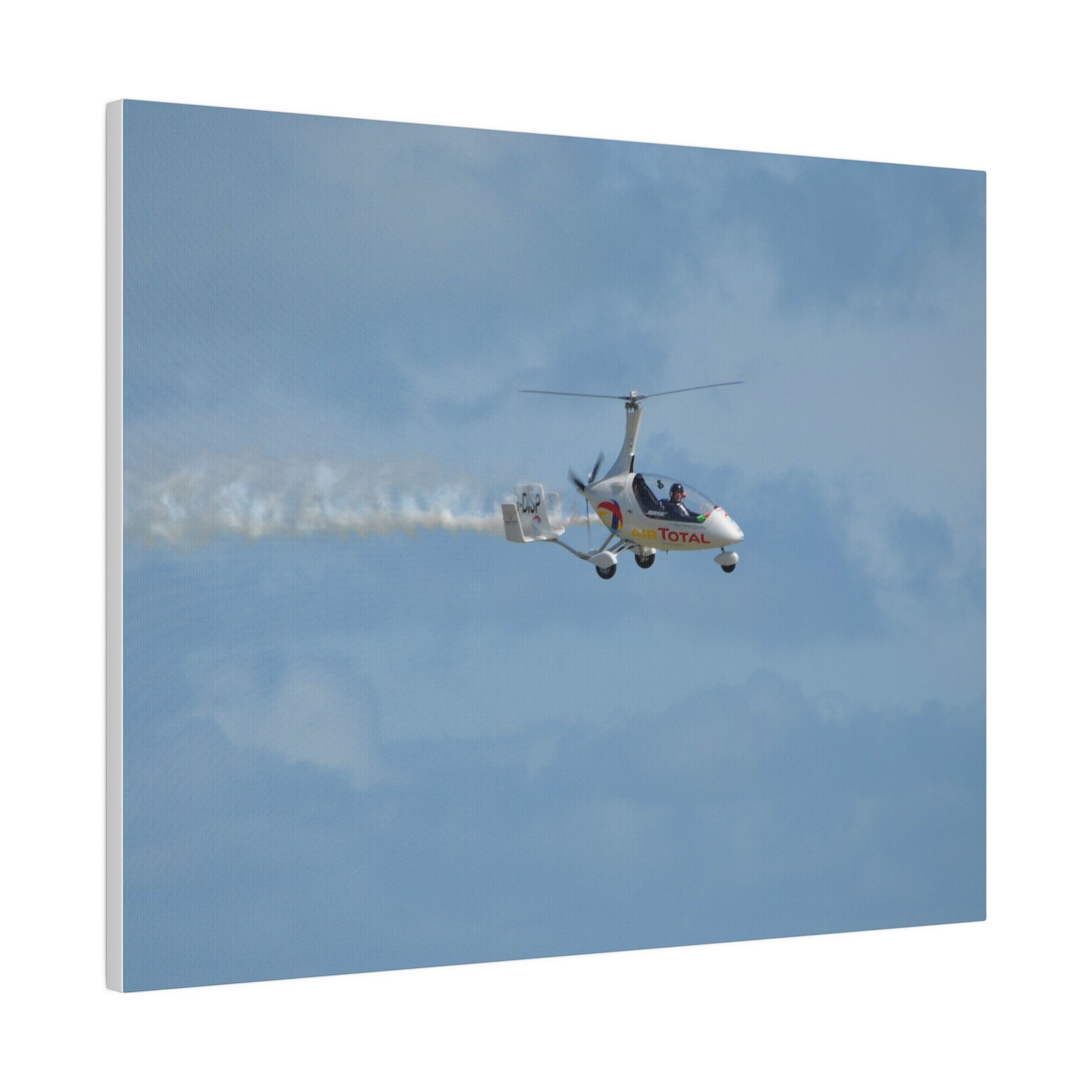 AutoGyro Flying From The Left With Smoke, Pilot Looking Over, Matte Canvas, Stretched, 0.75" - The Trio Synergize Group