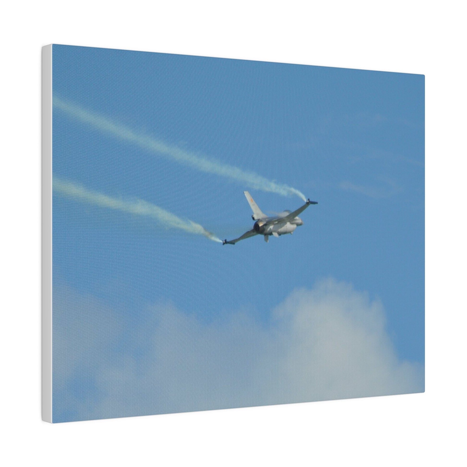 F16 Fighting Falcon Flying From The Left With Smoke, Levelling Out, Matte Canvas, Stretched, 0.75" - The Trio Synergize Group