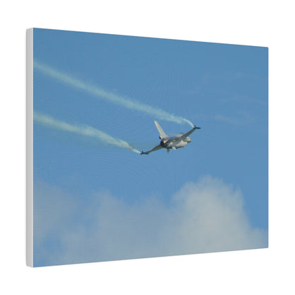 F16 Fighting Falcon Flying From The Left With Smoke, Levelling Out, Matte Canvas, Stretched, 0.75" - The Trio Synergize Group
