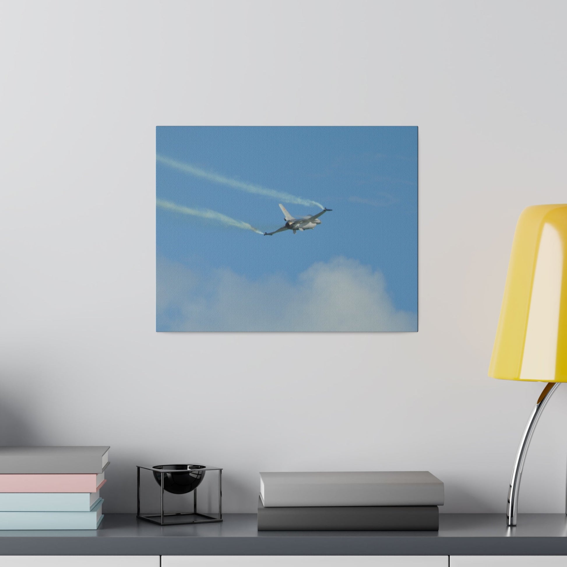 F16 Fighting Falcon Flying From The Left With Smoke, Levelling Out, Matte Canvas, Stretched, 0.75" - The Trio Synergize Group