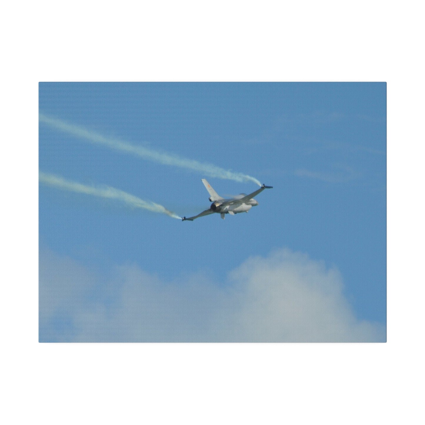 F16 Fighting Falcon Flying From The Left With Smoke, Levelling Out, Matte Canvas, Stretched, 0.75" - The Trio Synergize Group