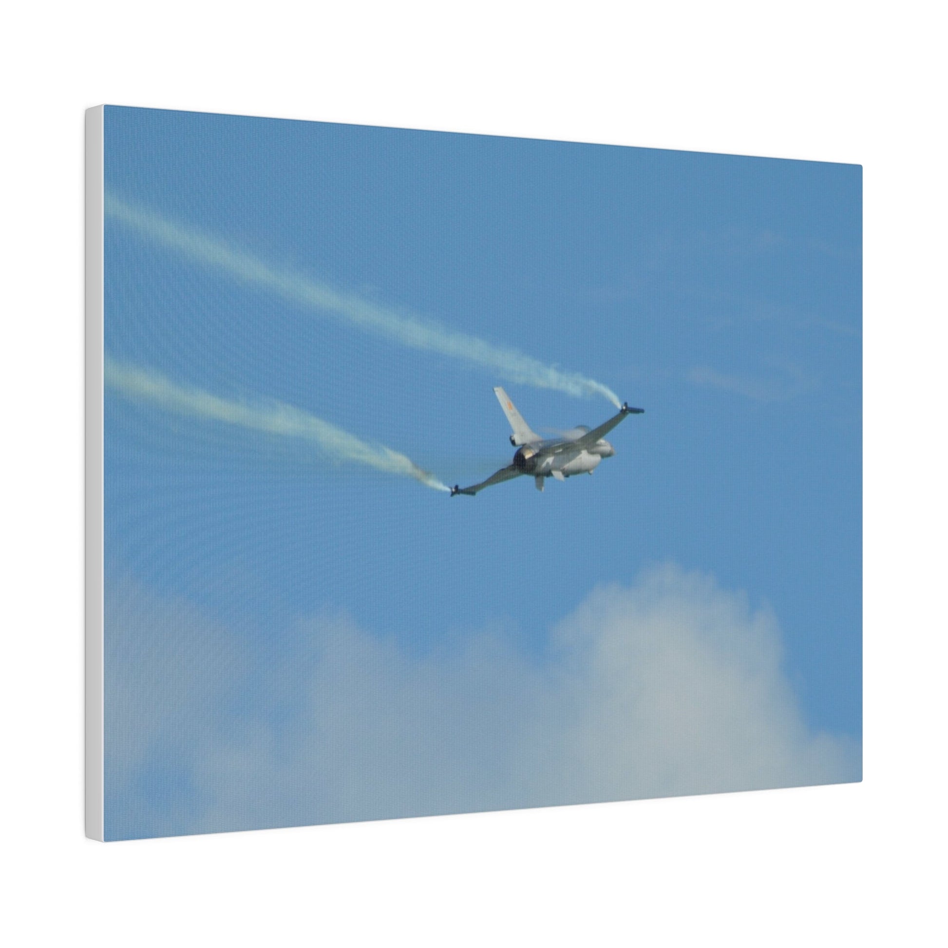 F16 Fighting Falcon Flying From The Left With Smoke, Levelling Out, Matte Canvas, Stretched, 0.75" - The Trio Synergize Group