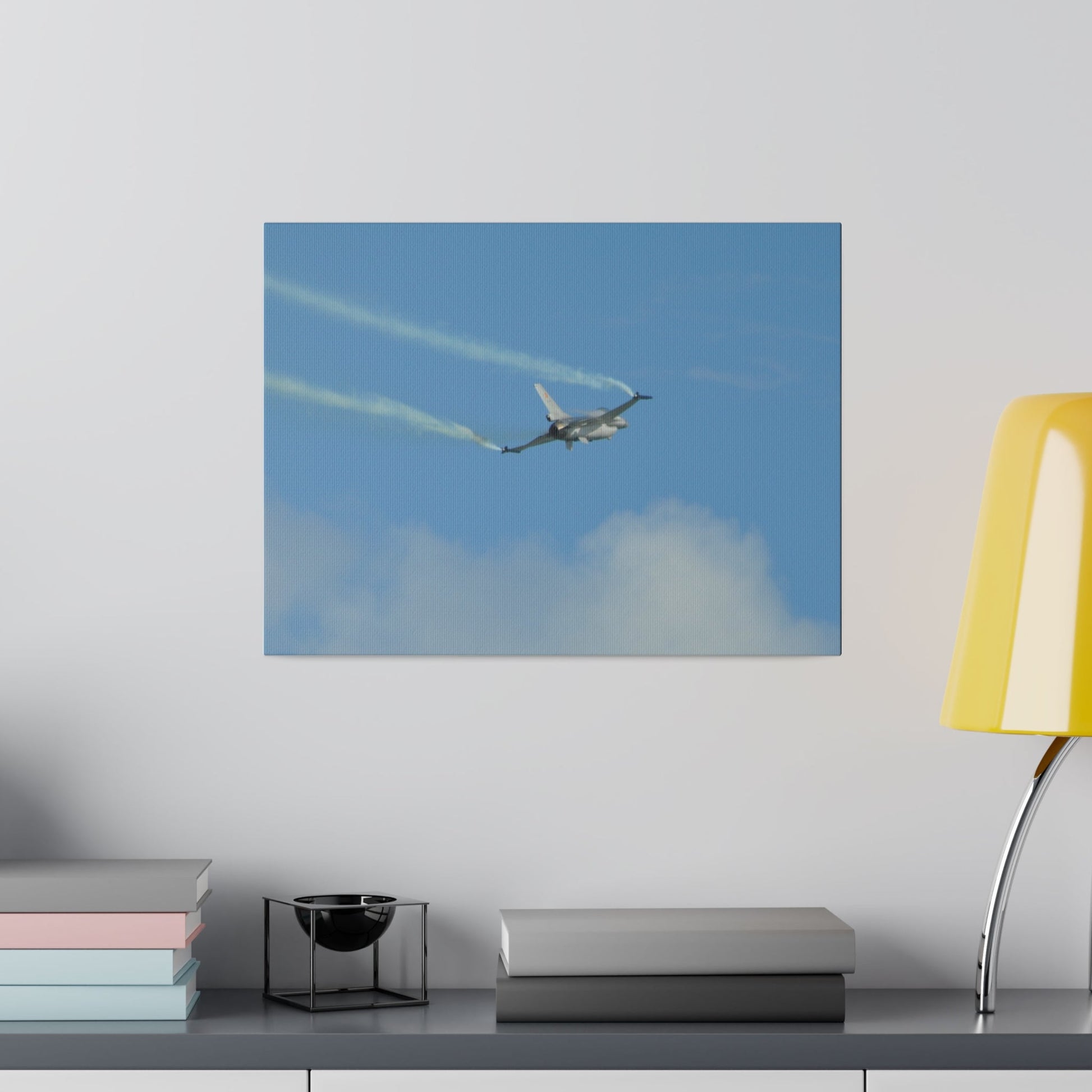 F16 Fighting Falcon Flying From The Left With Smoke, Levelling Out, Matte Canvas, Stretched, 0.75" - The Trio Synergize Group