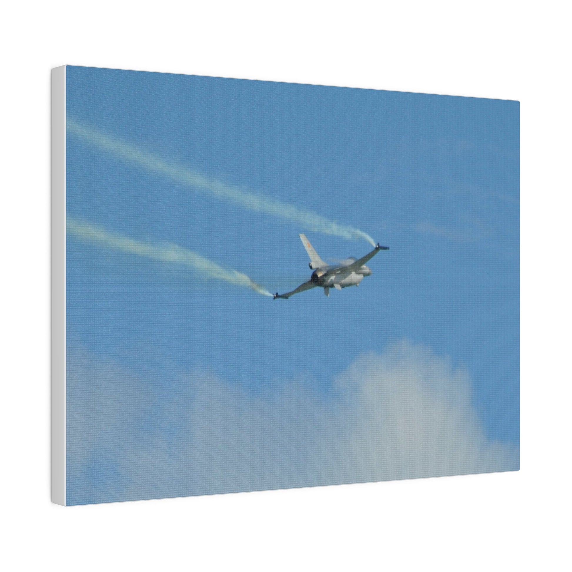 F16 Fighting Falcon Flying From The Left With Smoke, Levelling Out, Matte Canvas, Stretched, 0.75" - The Trio Synergize Group