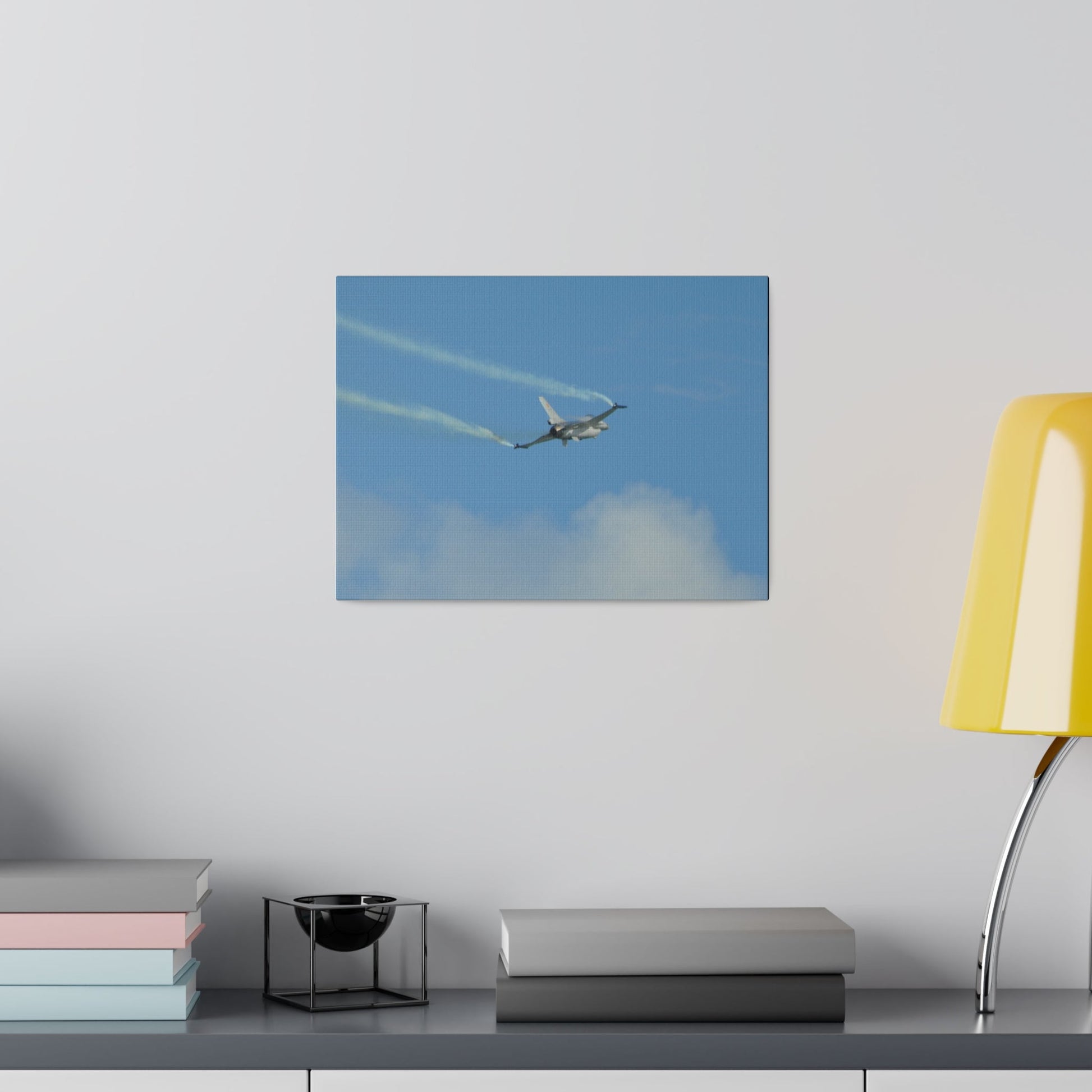 F16 Fighting Falcon Flying From The Left With Smoke, Levelling Out, Matte Canvas, Stretched, 0.75" - The Trio Synergize Group
