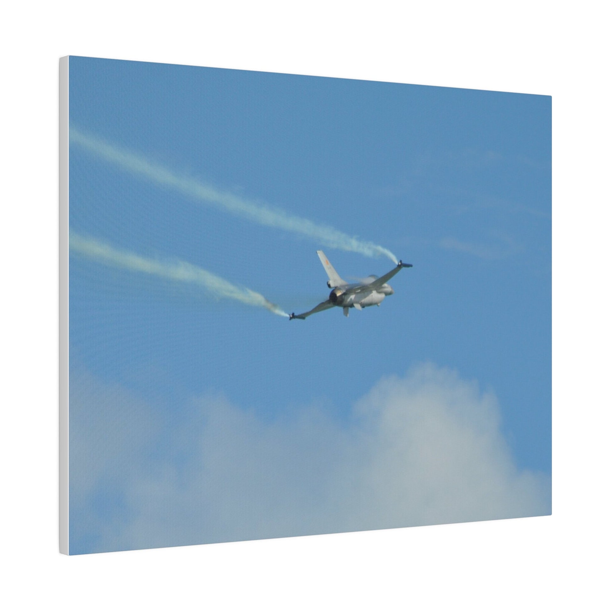 F16 Fighting Falcon Flying From The Left With Smoke, Levelling Out, Matte Canvas, Stretched, 0.75" - The Trio Synergize Group