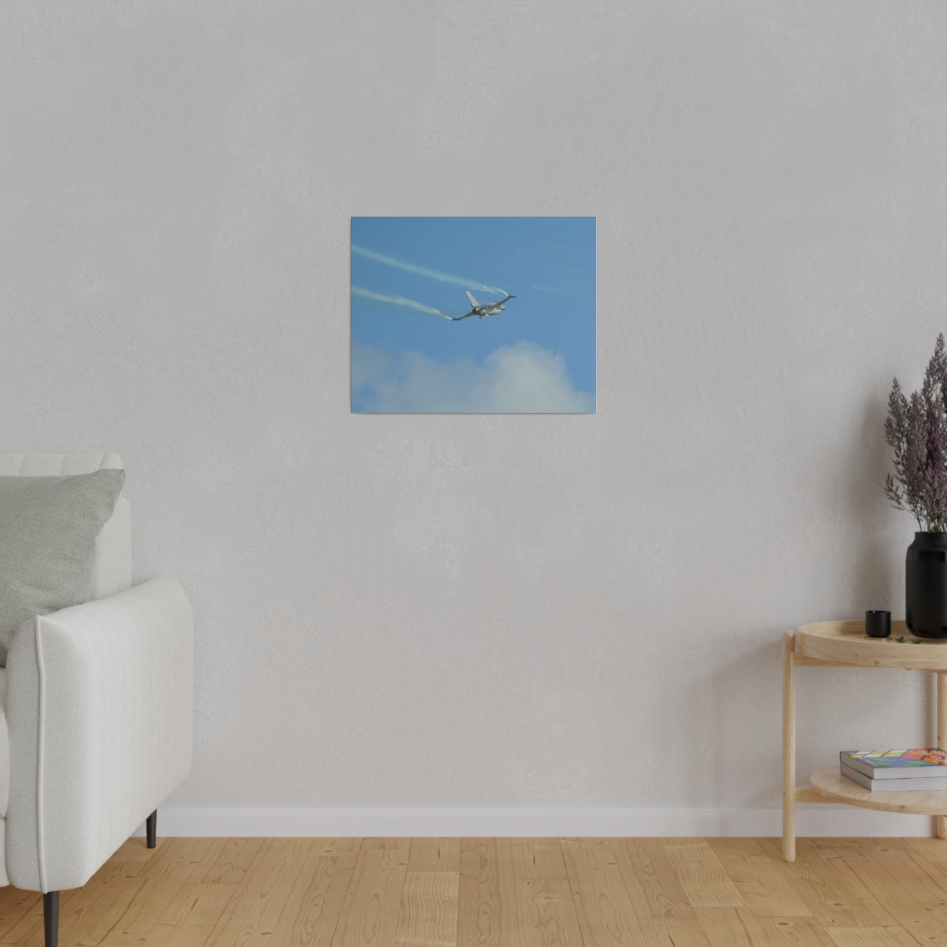 F16 Fighting Falcon Flying From The Left With Smoke, Levelling Out, Matte Canvas, Stretched, 0.75" - The Trio Synergize Group