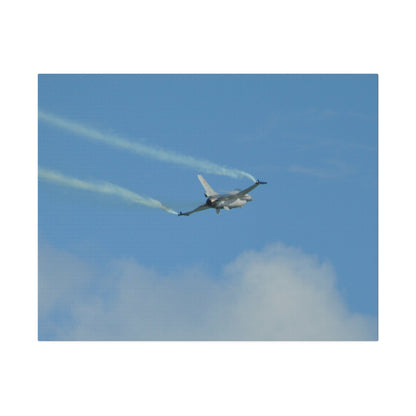 F16 Fighting Falcon Flying From The Left With Smoke, Levelling Out, Matte Canvas, Stretched, 0.75" - The Trio Synergize Group