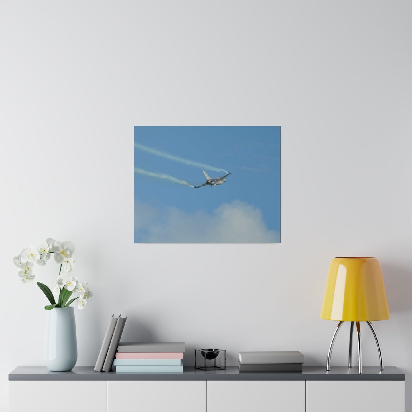 F16 Fighting Falcon Flying From The Left With Smoke, Levelling Out, Matte Canvas, Stretched, 0.75" - The Trio Synergize Group