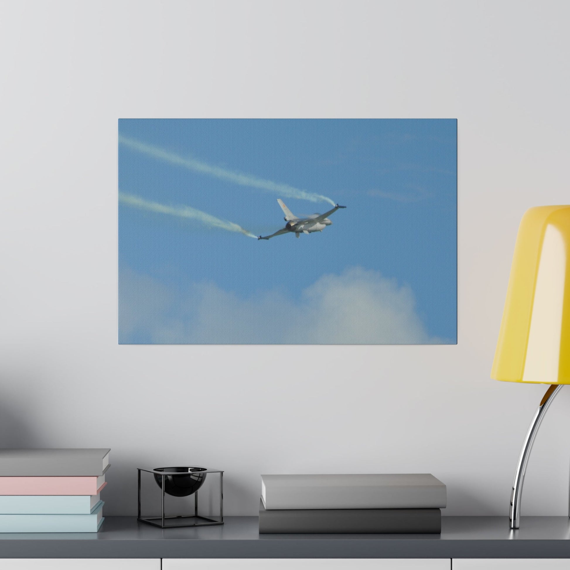 F16 Fighting Falcon Flying From The Left With Smoke, Levelling Out, Matte Canvas, Stretched, 0.75" - The Trio Synergize Group