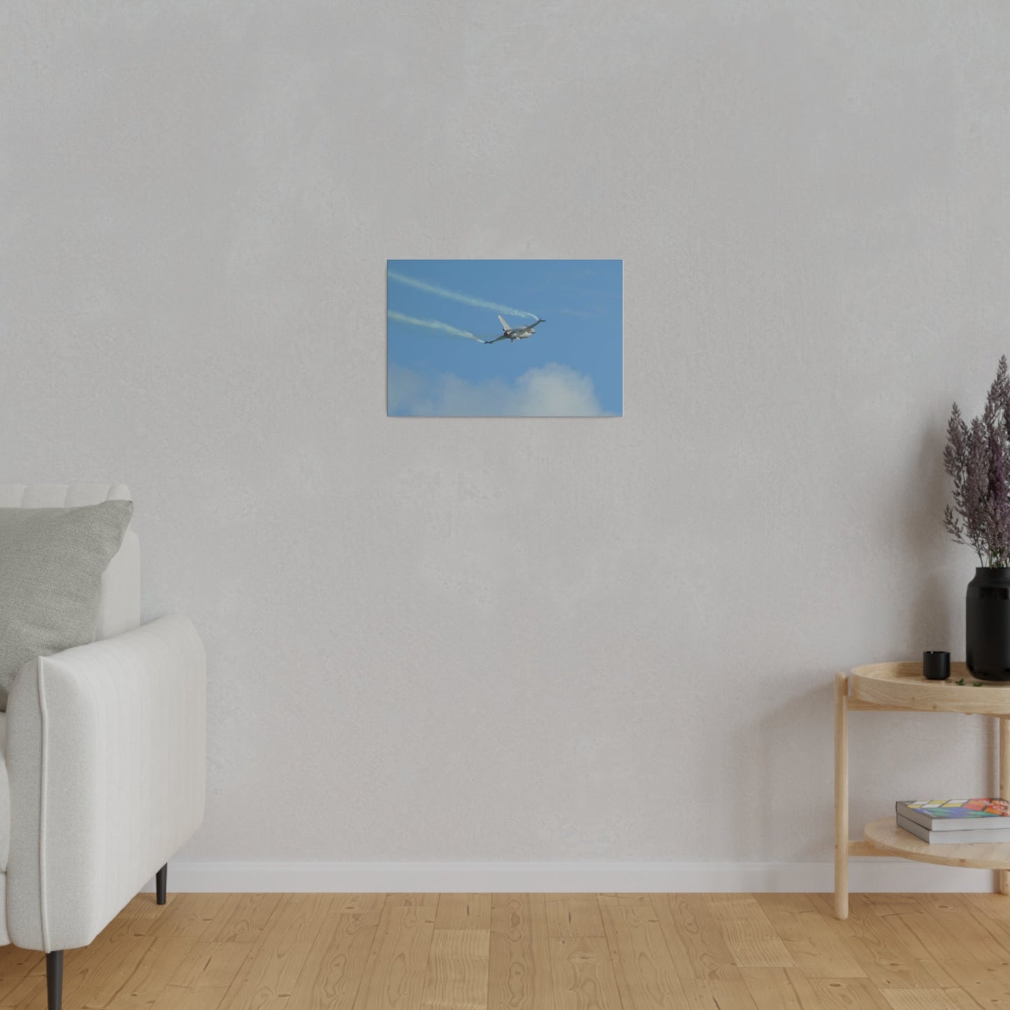 F16 Fighting Falcon Flying From The Left With Smoke, Levelling Out, Matte Canvas, Stretched, 0.75" - The Trio Synergize Group